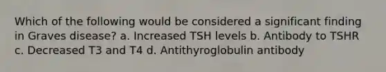 Which of the following would be considered a significant finding in Graves disease? a. Increased TSH levels b. Antibody to TSHR c. Decreased T3 and T4 d. Antithyroglobulin antibody