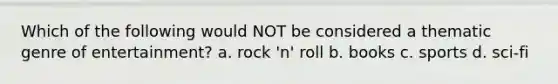 Which of the following would NOT be considered a thematic genre of entertainment? a. rock 'n' roll b. books c. sports d. sci-fi