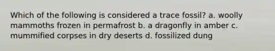 Which of the following is considered a trace fossil? a. woolly mammoths frozen in permafrost b. a dragonfly in amber c. mummified corpses in dry deserts d. fossilized dung