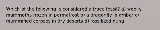 Which of the following is considered a trace fossil? a) woolly mammoths frozen in permafrost b) a dragonfly in amber c) mummified corpses in dry deserts d) fossilized dung