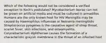 Which of the following would not be considered a verified exception to Koch's postulates? Mycobacterium leprae can not be grown on artificial media and must be cultured in armadillos Humans are the only known host for HIV Meningitis may be caused by Haemophilus influenzae or Neisseria meningitidis Streptococcus pyogenes is the causative agent of strep throat, scarlet fever, skin infections, and osteomyelitis. Corynebacterium diphtheriae causes the formation of a characteristic grayish membrane in the throat of an infected host