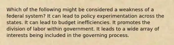 Which of the following might be considered a weakness of a federal system? It can lead to policy experimentation across the states. It can lead to budget inefficiencies. It promotes the division of labor within government. It leads to a wide array of interests being included in the governing process.