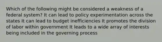 Which of the following might be considered a weakness of a federal system? It can lead to policy experimentation across the states It can lead to budget inefficiencies It promotes the division of labor within government It leads to a wide array of interests being included in the governing process