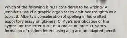 Which of the following is NOT considered to be writing? A. Jennifer's use of a graphic organizer to draft her thoughts on a topic. B. Alberto's consideration of spelling in his drafted expository essay on glaciers. C. Mya's identification of the symbol for the letter A out of a choice of three. D. Sam's formation of random letters using a jig and an adapted pencil.