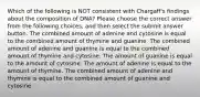 Which of the following is NOT consistent with Chargaff's findings about the composition of DNA? Please choose the correct answer from the following choices, and then select the submit answer button. The combined amount of adenine and cytosine is equal to the combined amount of thymine and guanine. The combined amount of adenine and guanine is equal to the combined amount of thymine and cytosine. The amount of guanine is equal to the amount of cytosine. The amount of adenine is equal to the amount of thymine. The combined amount of adenine and thymine is equal to the combined amount of guanine and cytosine.