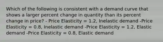 Which of the following is consistent with a demand curve that shows a larger percent change in quantity than its percent change in price? - Price Elasticity = 1.2, Inelastic demand -Price Elasticity = 0.8, Inelastic demand -Price Elasticity = 1.2, Elastic demand -Price Elasticity = 0.8, Elastic demand