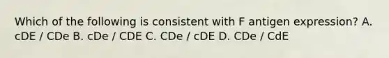 Which of the following is consistent with F antigen expression? A. cDE / CDe B. cDe / CDE C. CDe / cDE D. CDe / CdE