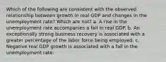 Which of the following are consistent with the observed relationship between growth in real GDP and changes in the unemployment rate? Which are not? a. A rise in the unemployment rate accompanies a fall in real GDP. b. An exceptionally strong business recovery is associated with a greater percentage of the labor force being employed. c. Negative real GDP growth is associated with a fall in the unemployment rate.