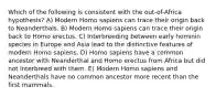 Which of the following is consistent with the out-of-Africa hypothesis? A) Modern Homo sapiens can trace their origin back to Neanderthals. B) Modern Homo sapiens can trace their origin back to Homo erectus. C) Interbreeding between early hominin species in Europe and Asia lead to the distinctive features of modern Homo sapiens. D) Homo sapiens have a common ancestor with Neanderthal and Homo erectus from Africa but did not interbreed with them. E) Modern Homo sapiens and Neanderthals have no common ancestor more recent than the first mammals.