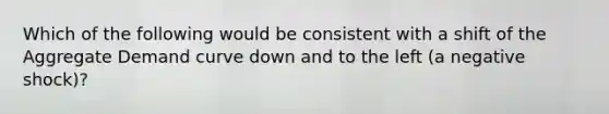 Which of the following would be consistent with a shift of the Aggregate Demand curve down and to the left (a negative shock)?