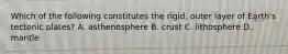 Which of the following constitutes the rigid, outer layer of Earth's tectonic plates? A. asthenosphere B. crust C. lithosphere D. mantle