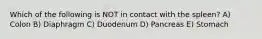 Which of the following is NOT in contact with the spleen? A) Colon B) Diaphragm C) Duodenum D) Pancreas E) Stomach