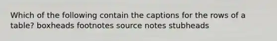 Which of the following contain the captions for the rows of a table? boxheads footnotes source notes stubheads