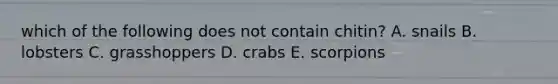 which of the following does not contain chitin? A. snails B. lobsters C. grasshoppers D. crabs E. scorpions