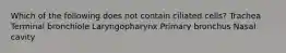 Which of the following does not contain ciliated cells? Trachea Terminal bronchiole Laryngopharynx Primary bronchus Nasal cavity