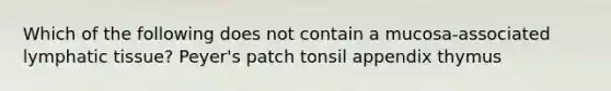 Which of the following does not contain a mucosa-associated lymphatic tissue? Peyer's patch tonsil appendix thymus