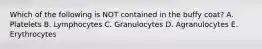 Which of the following is NOT contained in the buffy coat? A. Platelets B. Lymphocytes C. Granulocytes D. Agranulocytes E. Erythrocytes