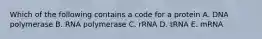 Which of the following contains a code for a protein A. DNA polymerase B. RNA polymerase C. rRNA D. tRNA E. mRNA