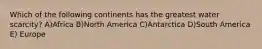 Which of the following continents has the greatest water scarcity? A)Africa B)North America C)Antarctica D)South America E) Europe