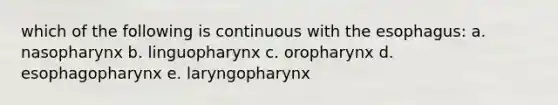 which of the following is continuous with the esophagus: a. nasopharynx b. linguopharynx c. oropharynx d. esophagopharynx e. laryngopharynx