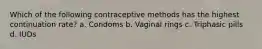 Which of the following contraceptive methods has the highest continuation rate? a. Condoms b. Vaginal rings c. Triphasic pills d. IUDs