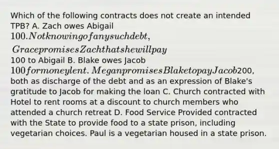 Which of the following contracts does not create an intended TPB? A. Zach owes Abigail 100. Not knowing of any such debt, Grace promises Zach that she will pay100 to Abigail B. Blake owes Jacob 100 for money lent. Megan promises Blake to pay Jacob200, both as discharge of the debt and as an expression of Blake's gratitude to Jacob for making the loan C. Church contracted with Hotel to rent rooms at a discount to church members who attended a church retreat D. Food Service Provided contracted with the State to provide food to a state prison, including vegetarian choices. Paul is a vegetarian housed in a state prison.