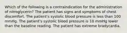 Which of the following is a contraindication for the administration of nitroglycerin? The patient has signs and symptoms of chest discomfort. The patient's systolic blood pressure is less than 100 mmHg. The patient's systolic blood pressure is 10 mmHg lower than the baseline reading. The patient has extreme bradycardia.