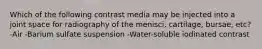 Which of the following contrast media may be injected into a joint space for radiography of the menisci, cartilage, bursae, etc? -Air -Barium sulfate suspension -Water-soluble iodinated contrast