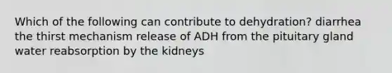 Which of the following can contribute to dehydration? diarrhea the thirst mechanism release of ADH from the pituitary gland water reabsorption by the kidneys