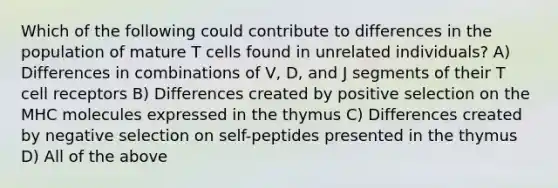 Which of the following could contribute to differences in the population of mature T cells found in unrelated individuals? A) Differences in combinations of V, D, and J segments of their T cell receptors B) Differences created by positive selection on the MHC molecules expressed in the thymus C) Differences created by negative selection on self-peptides presented in the thymus D) All of the above