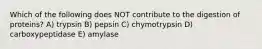 Which of the following does NOT contribute to the digestion of proteins? A) trypsin B) pepsin C) chymotrypsin D) carboxypeptidase E) amylase