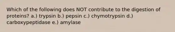 Which of the following does NOT contribute to the digestion of proteins? a.) trypsin b.) pepsin c.) chymotrypsin d.) carboxypeptidase e.) amylase