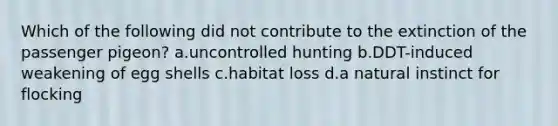 Which of the following did not contribute to the extinction of the passenger pigeon? a.uncontrolled hunting b.DDT-induced weakening of egg shells c.habitat loss d.a natural instinct for flocking