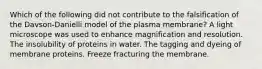 Which of the following did not contribute to the falsification of the Davson-Danielli model of the plasma membrane? A light microscope was used to enhance magnification and resolution. The insolubility of proteins in water. The tagging and dyeing of membrane proteins. Freeze fracturing the membrane.