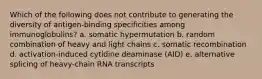 Which of the following does not contribute to generating the diversity of antigen-binding specificities among immunoglobulins? a. somatic hypermutation b. random combination of heavy and light chains c. somatic recombination d. activation-induced cytidine deaminase (AID) e. alternative splicing of heavy-chain RNA transcripts