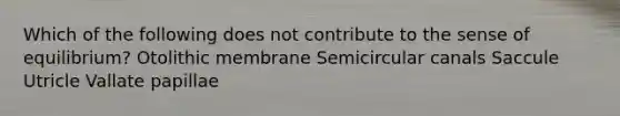 Which of the following does not contribute to the sense of equilibrium? Otolithic membrane Semicircular canals Saccule Utricle Vallate papillae