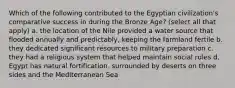 Which of the following contributed to the Egyptian civilization's comparative success in during the Bronze Age? (select all that apply) a. the location of the Nile provided a water source that flooded annually and predictably, keeping the farmland fertile b. they dedicated significant resources to military preparation c. they had a religious system that helped maintain social rules d. Egypt has natural fortification, surrounded by deserts on three sides and the Mediterranean Sea