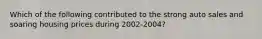 Which of the following contributed to the strong auto sales and soaring housing prices during 2002-2004?