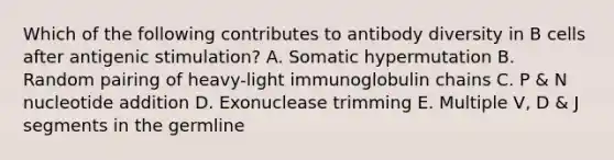 Which of the following contributes to antibody diversity in B cells after antigenic stimulation? A. Somatic hypermutation B. Random pairing of heavy-light immunoglobulin chains C. P & N nucleotide addition D. Exonuclease trimming E. Multiple V, D & J segments in the germline