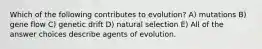 Which of the following contributes to evolution? A) mutations B) gene flow C) genetic drift D) natural selection E) All of the answer choices describe agents of evolution.