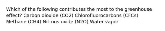 Which of the following contributes the most to the <a href='https://www.questionai.com/knowledge/kSLZFxwGpF-greenhouse-effect' class='anchor-knowledge'>greenhouse effect</a>? Carbon dioxide (CO2) Chlorofluorocarbons (CFCs) Methane (CH4) Nitrous oxide (N2O) Water vapor