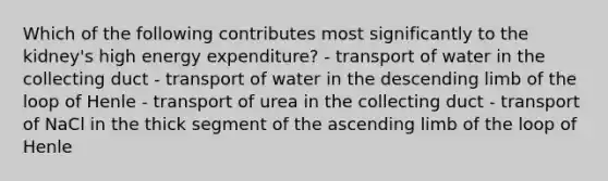 Which of the following contributes most significantly to the kidney's high energy expenditure? - transport of water in the collecting duct - transport of water in the descending limb of the loop of Henle - transport of urea in the collecting duct - transport of NaCl in the thick segment of the ascending limb of the loop of Henle