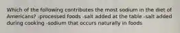 Which of the following contributes the most sodium in the diet of Americans? -processed foods -salt added at the table -salt added during cooking -sodium that occurs naturally in foods