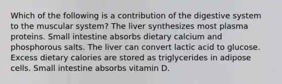 Which of the following is a contribution of the digestive system to the muscular system? The liver synthesizes most plasma proteins. Small intestine absorbs dietary calcium and phosphorous salts. The liver can convert lactic acid to glucose. Excess dietary calories are stored as triglycerides in adipose cells. Small intestine absorbs vitamin D.