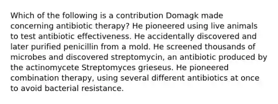 Which of the following is a contribution Domagk made concerning antibiotic therapy? He pioneered using live animals to test antibiotic effectiveness. He accidentally discovered and later purified penicillin from a mold. He screened thousands of microbes and discovered streptomycin, an antibiotic produced by the actinomycete Streptomyces grieseus. He pioneered combination therapy, using several different antibiotics at once to avoid bacterial resistance.