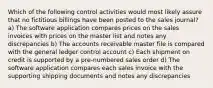 Which of the following control activities would most likely assure that no fictitious billings have been posted to the sales journal? a) The software application compares prices on the sales invoices with prices on the master list and notes any discrepancies b) The accounts receivable master file is compared with the general ledger control account c) Each shipment on credit is supported by a pre-numbered sales order d) The software application compares each sales invoice with the supporting shipping documents and notes any discrepancies