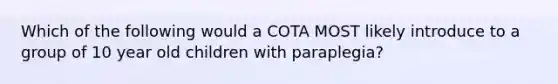 Which of the following would a COTA MOST likely introduce to a group of 10 year old children with paraplegia?