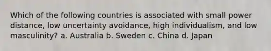 Which of the following countries is associated with small power distance, low uncertainty avoidance, high individualism, and low masculinity? a. Australia b. Sweden c. China d. Japan