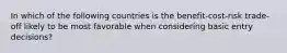 In which of the following countries is the benefit-cost-risk trade-off likely to be most favorable when considering basic entry decisions?