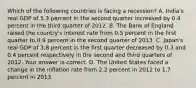 Which of the following countries is facing a recession​? A. ​India's real GDP of 5.3 percent in the second quarter increased by 0.4 percent in the third quarter of 2012. B. The Bank of England raised the​ country's interest rate from 0.5 percent in the first quarter to 0.9 percent in the second quarter of 2013. C. ​Japan's real GDP of 3.8 percent in the first quarter decreased by 0.3 and 0.4 percent respectively in the second and third quarters of 2012. Your answer is correct. D. The United States faced a change in the inflation rate from 2.2 percent in 2012 to 1.7 percent in 2013.